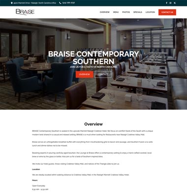 screenshot representing the Braise Contemporary Southern restaurant website in wide view