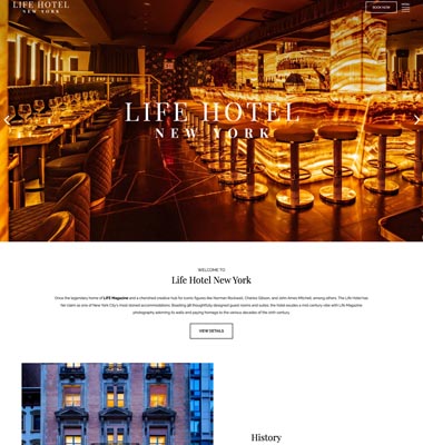 screenshot representing the Life Hotel New York website in wide view